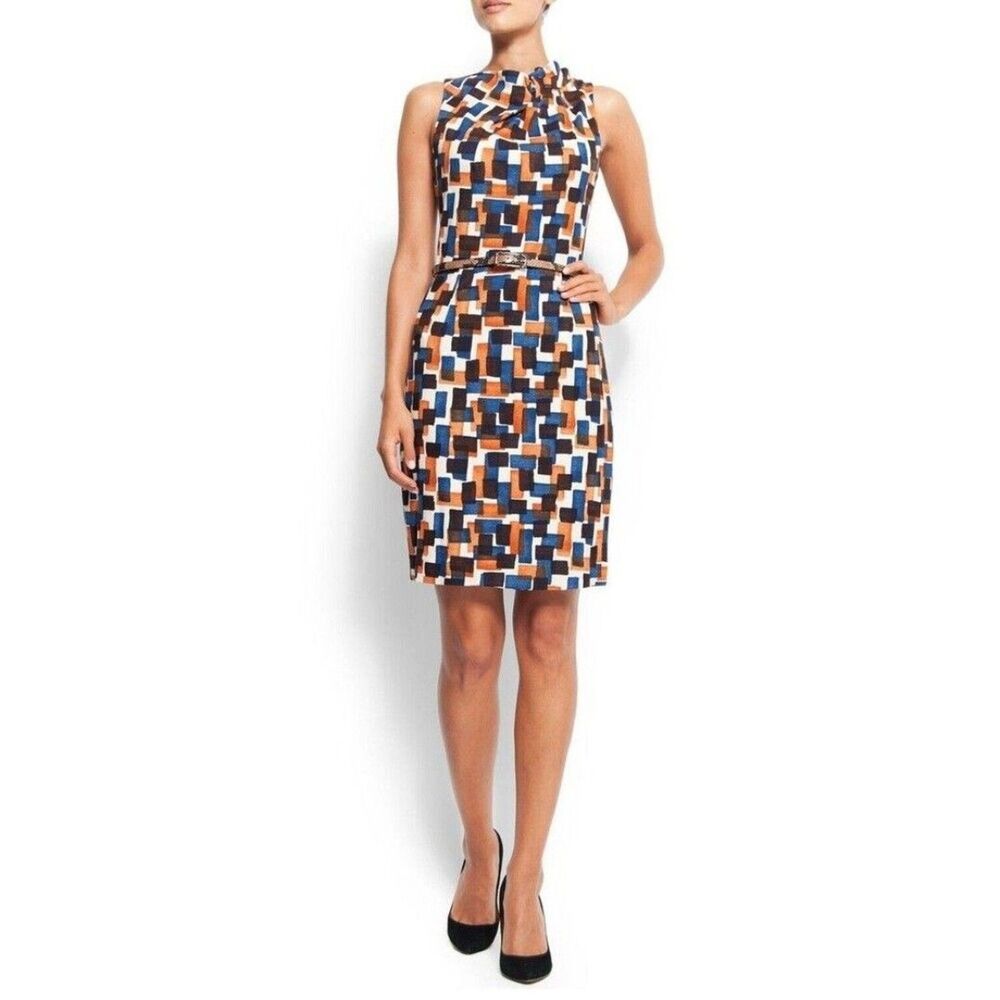 ​MNG Mango Geometric Print Shift Dress Size S Small Blue Orange Mock Neck Career